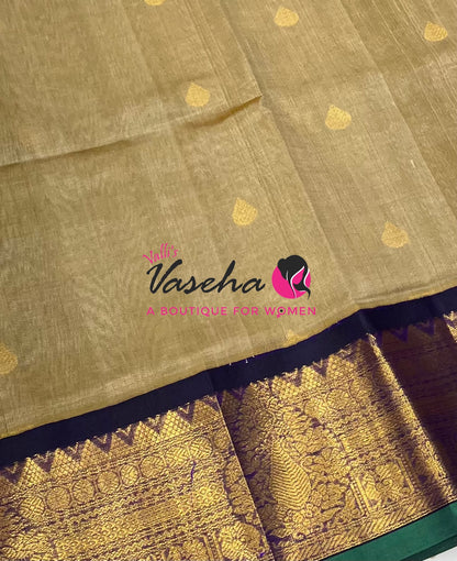 Pure Korvai Silk Cotton Saree - Chikku Green with  violetish purple - VVKSC019