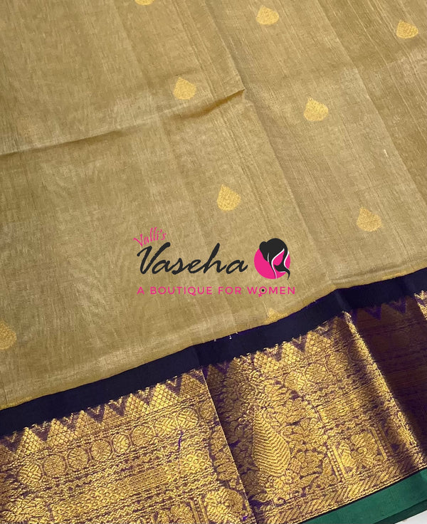 Pure Korvai Silk Cotton Saree - Chikku Green with  violetish purple - VVKSC019