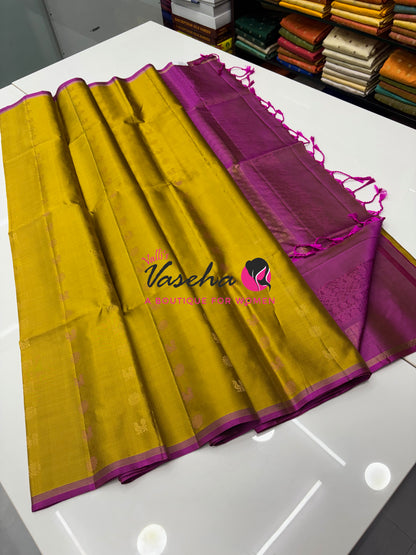 Pure Soft Silk Saree  - Yellow & Purple Combo  - VVPSS055