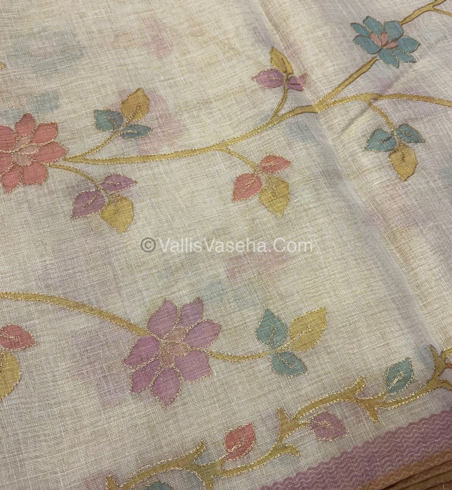 Tissue Linen Saree - Cream With Pink Shade - VVTLS002