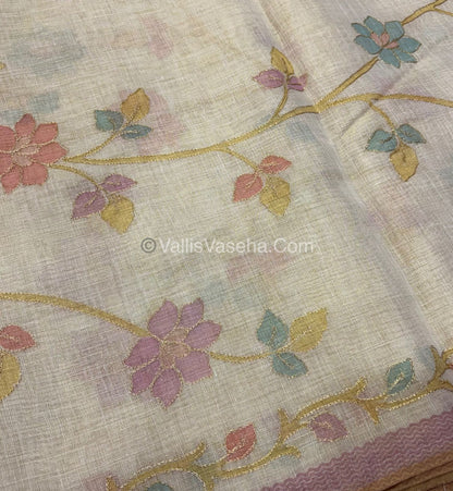 Tissue Linen Saree - Cream With Pink Shade - VVTLS002