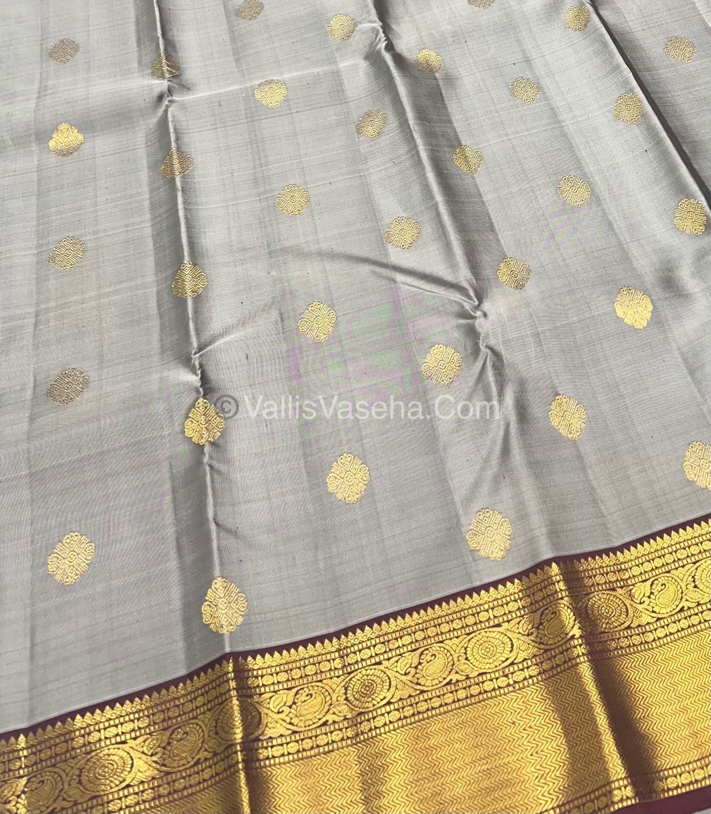 Pure Kanchipuram Silk Saree - Grey With Merun - VVPS011