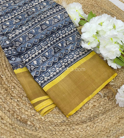 Pure Tussar Silk - Grey With Yellow Shade - VVPTS001