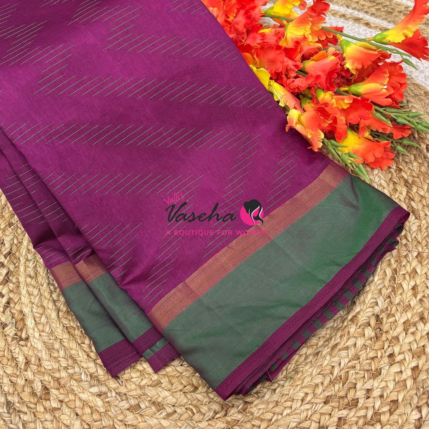 Semi Silk Saree - Thread Work Weaving - Purple With Green - VVSSS0038