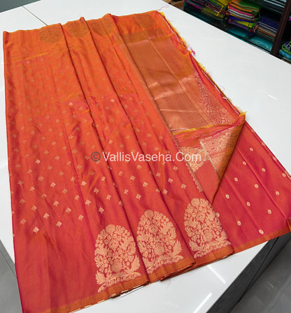 Semi Soft Silk - Tree With Double Birds Butta Border - Peachish Orange Shade -VVSSS011