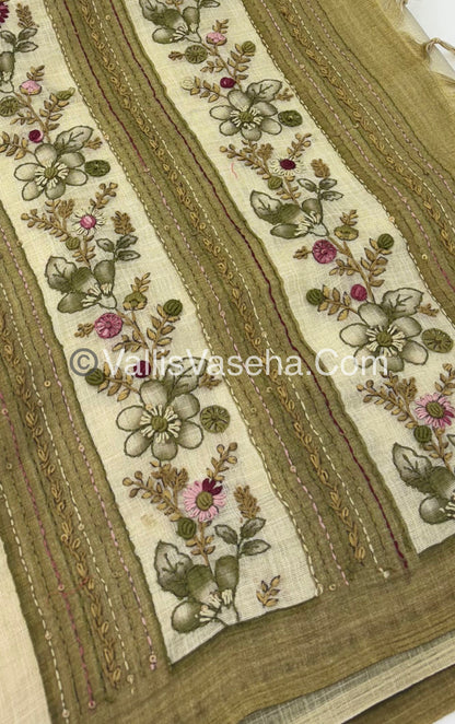 French Knot - Tissue Saree - Cream With Green Shade - VVLFN006