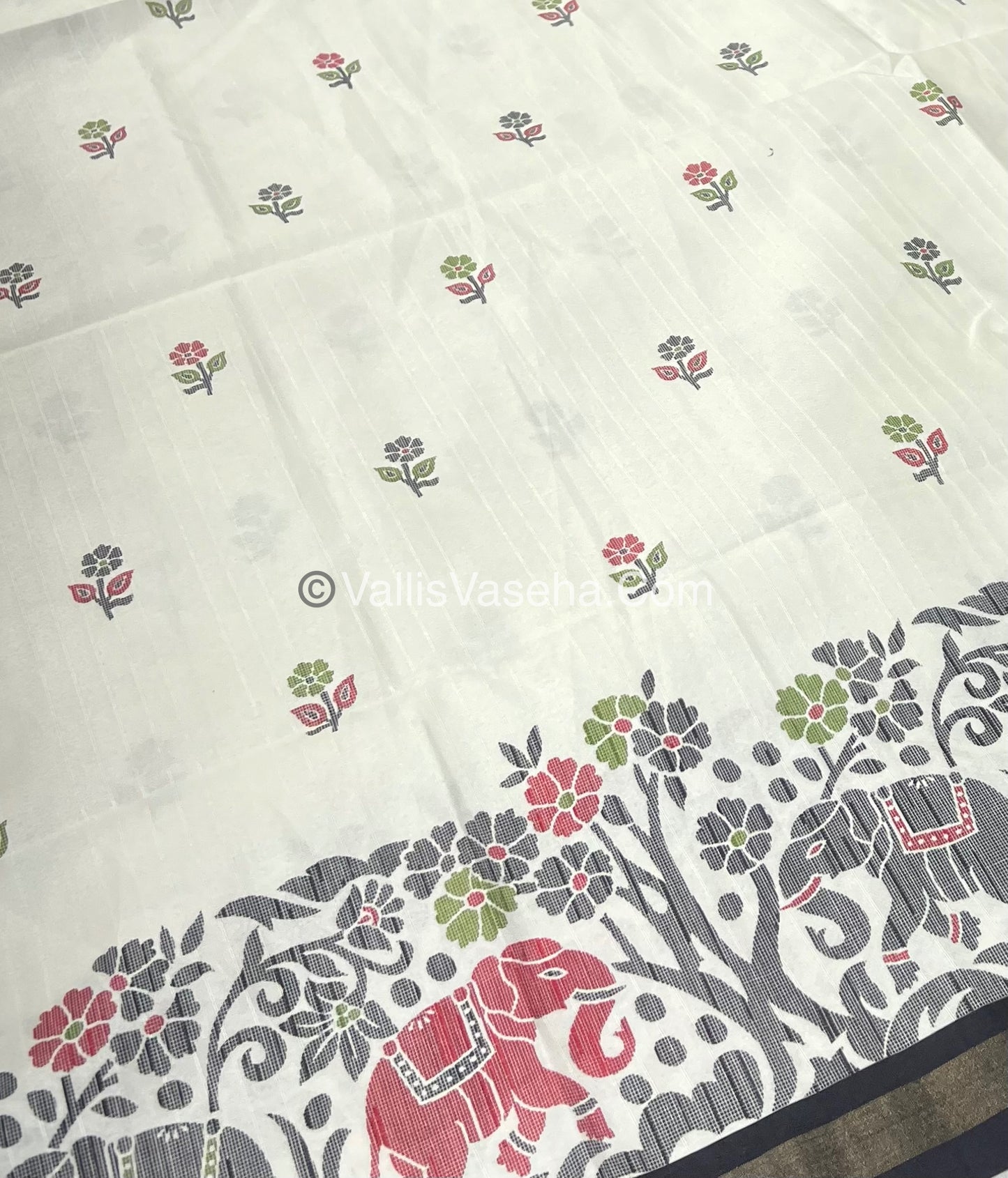 Semi Tussar / Semi Chappa Silk | Elephant Design| - Cream & Black Combo - VVSTS018