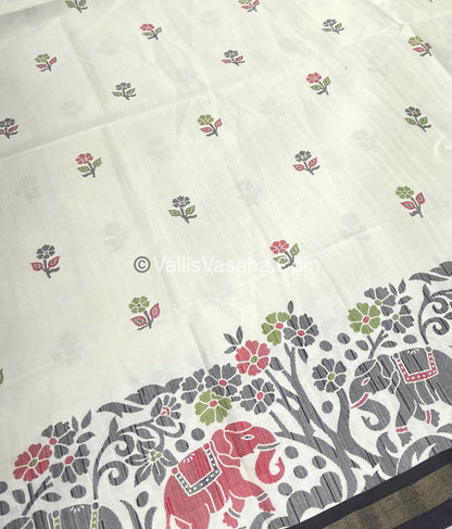 Semi Tussar / Semi Chappa Silk | Elephant Design| - Cream & Black Combo - VVSTS018