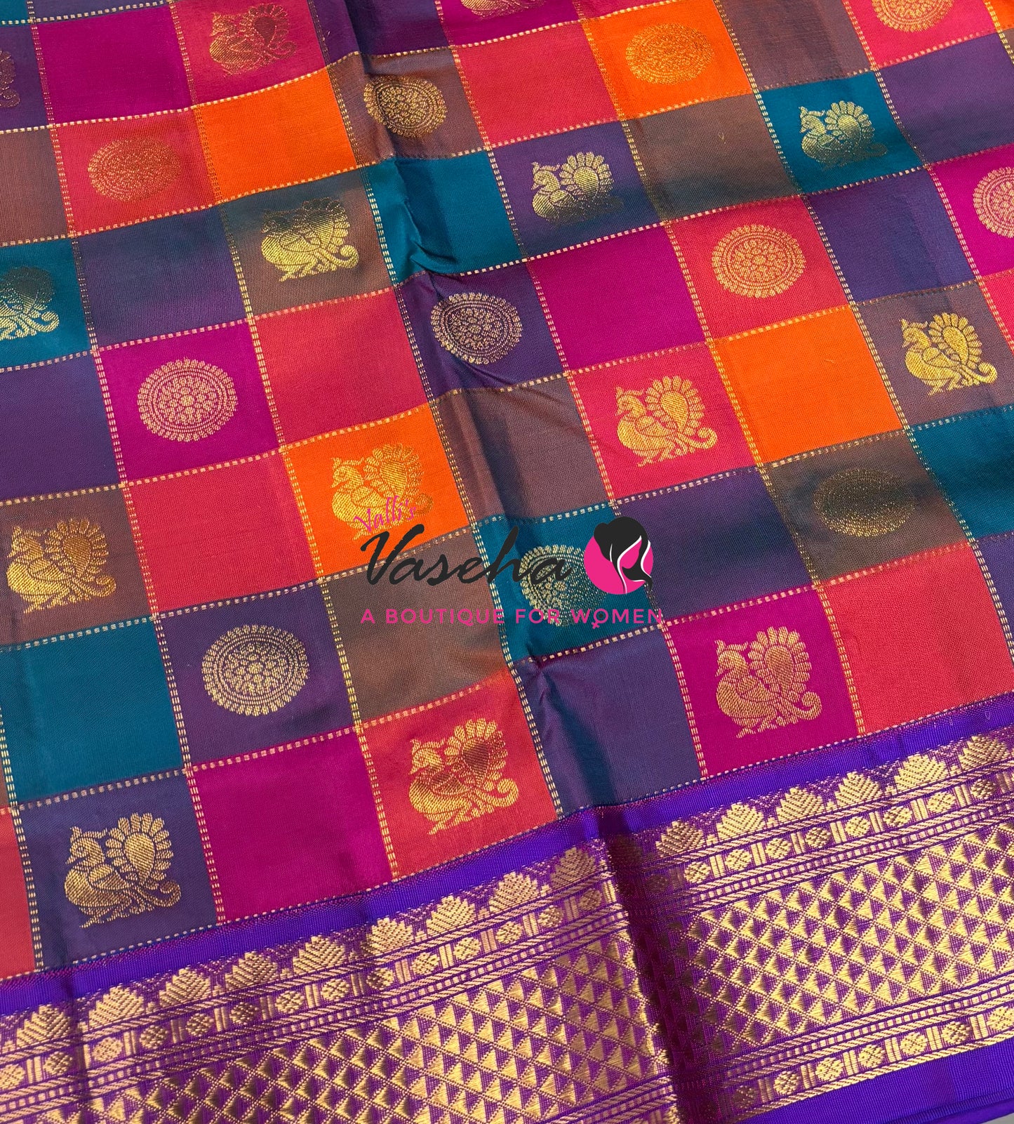 Pure Korvai Kanchipuram Silk Saree - Pazhum Pazhamum Checks - 10 Yards - VVPSTY001