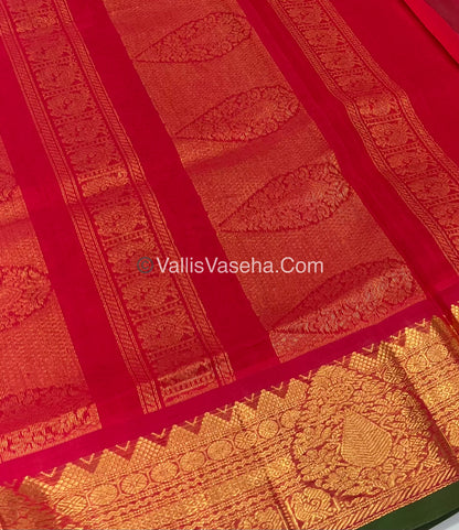 Pure Korvai Silk Cotton Saree - Turquoise Green with Red - VVKSC019