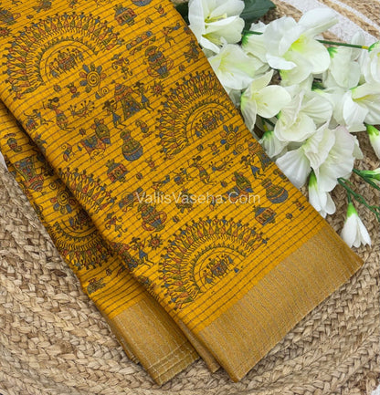 Light Weight Fancy Mixed Kota Cotton - Varli Design Printed Saree - Yellow Shade - VVKPC001