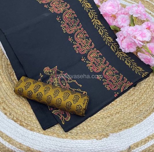 Poly Silk Mixed Printed Cotton - Black With Mustard - VVPCP002