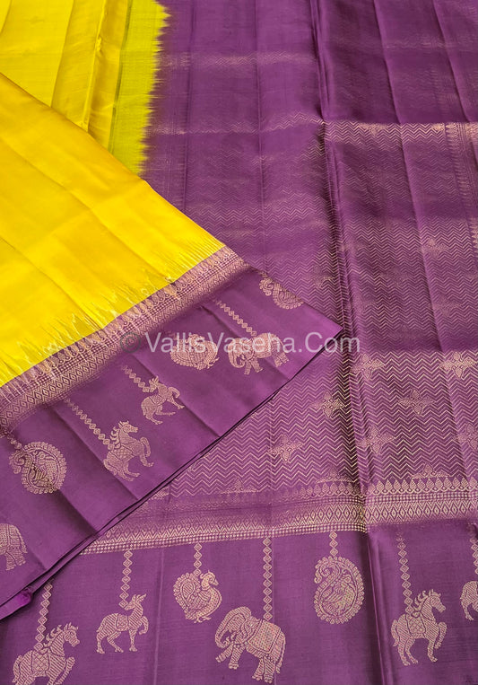 Pure Soft Silk Saree - (Merry-Go-Round Design ) - Yellow with Purple Shade - VVPSS059