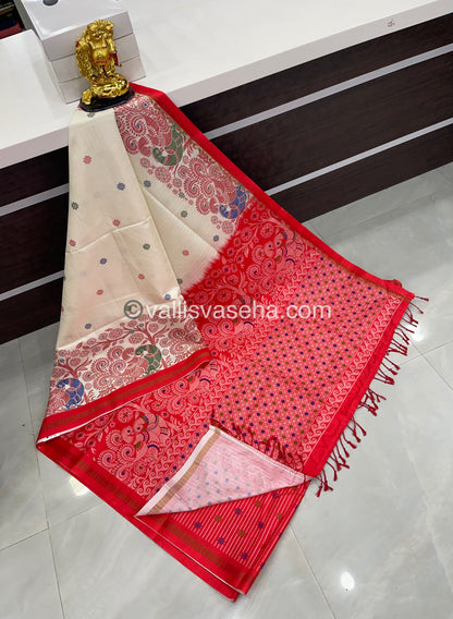 Semi Tussar / Semi Chappa Silk |Peacock Design | - Cream & Peachish Red Combo - VVSTS018