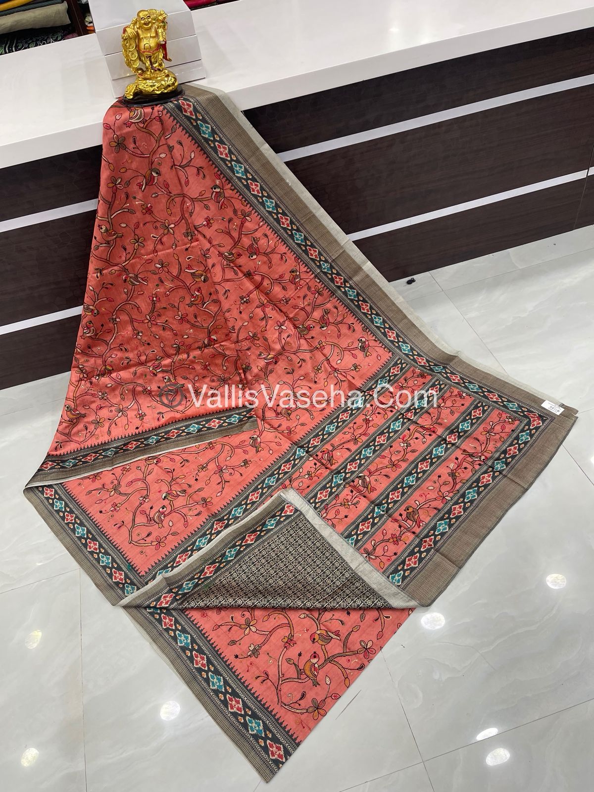 Semi Tussar - Kantha Work Embroidery - Orange Peach Shade - VVSTK001