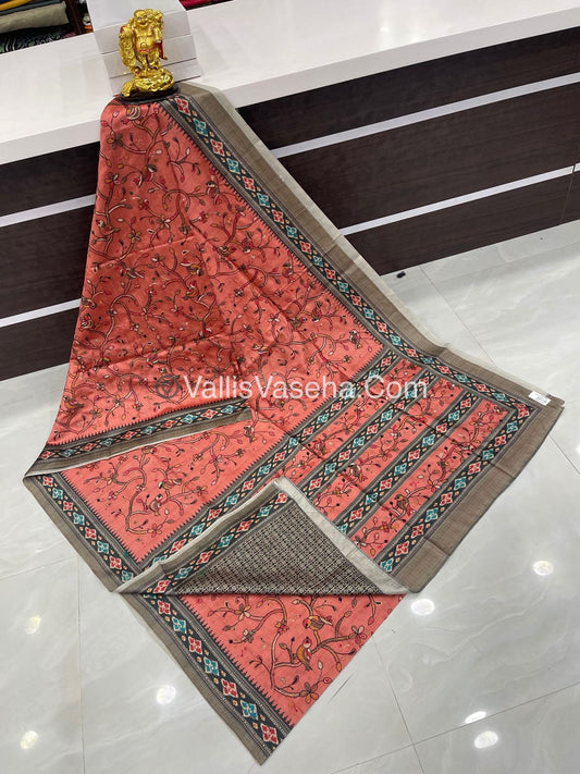 Semi Tussar - Kantha Work Embroidery - Orange Peach Shade - VVSTK001