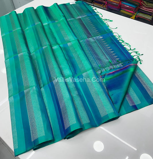 Pure Soft Silk Saree - Border Less  - Peacock Blue& Turquoise Green Shade - VVPSS055