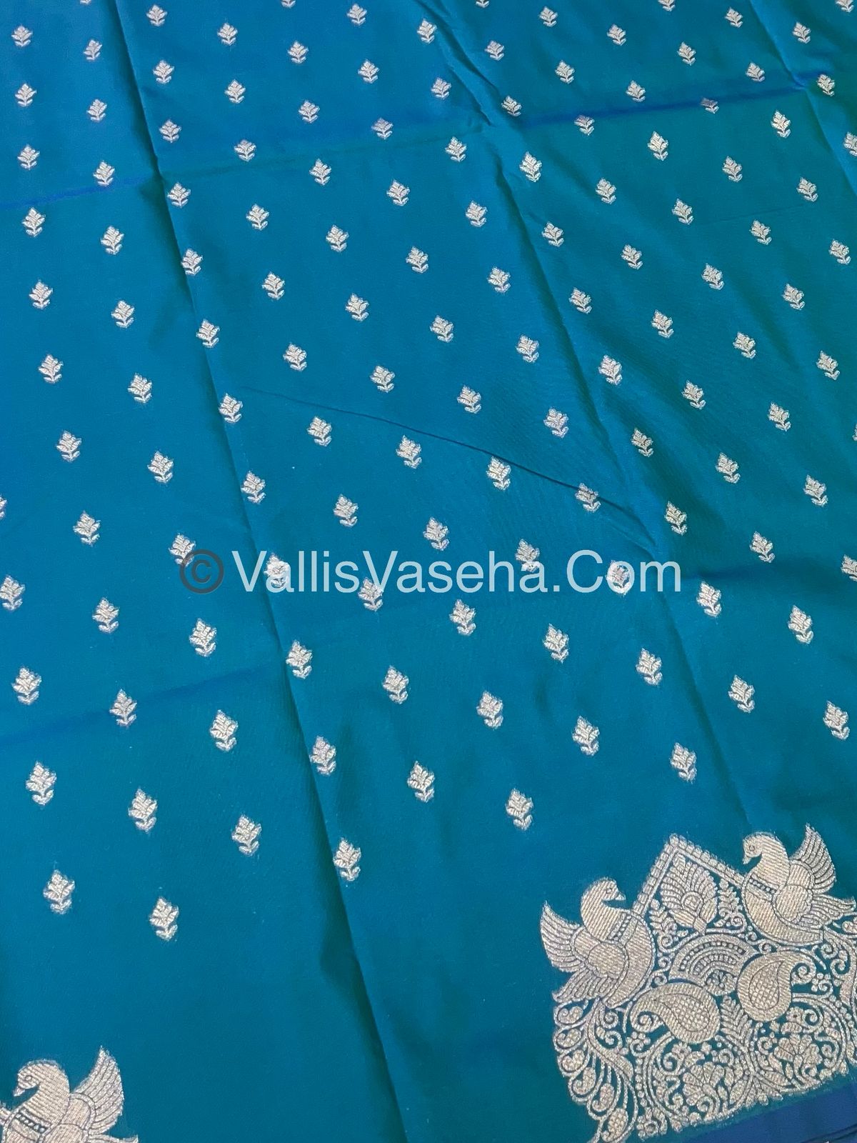 Semi Soft Silk - Peacock & Mango Butta Border - Peacock blue Shade -VVSSS015