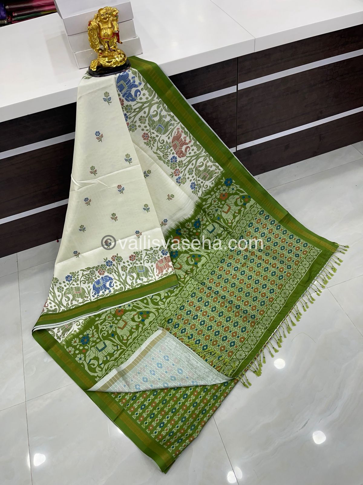 Semi Tussar / Semi Chappa Silk |Peacoak Design | - Cream & Green Combo - VVSTS018