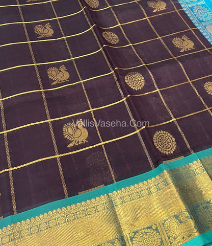 Pure Silk Cotton Saree - Mayil & Chakkaram Design - Brown with Blue - VVMC001