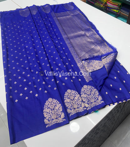 Semi Soft Silk - Tree With Double Birds Butta Border - Blue Shade -VVSSS011