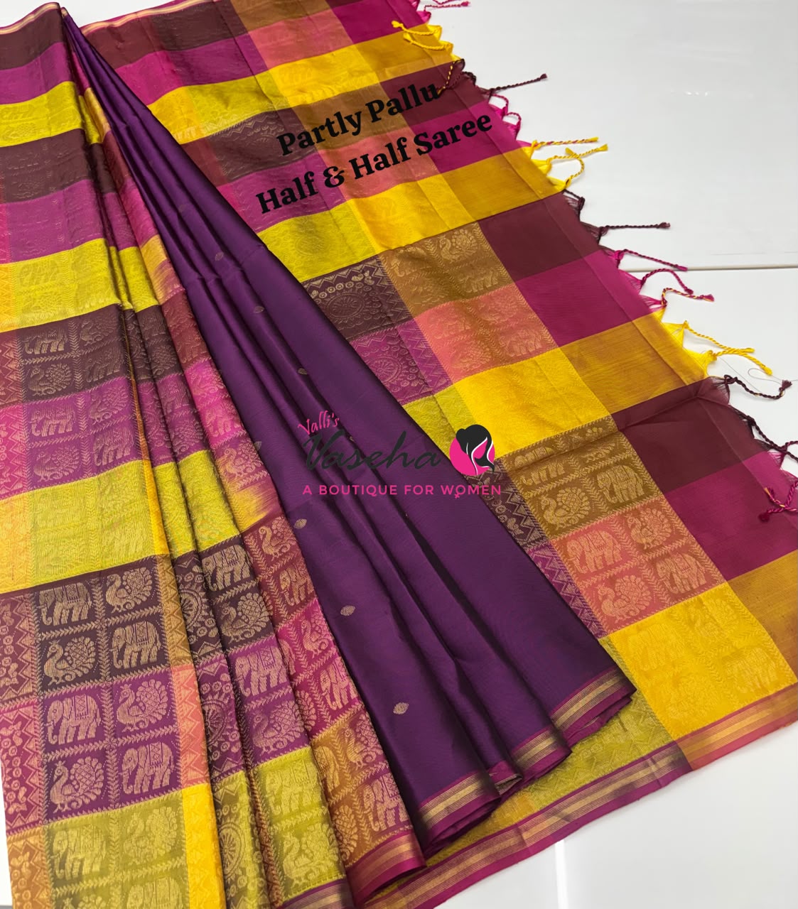 Pure Soft Silk Saree - Partly Pallu -  Half & Half Saree - Wine Purple - VVPSS088