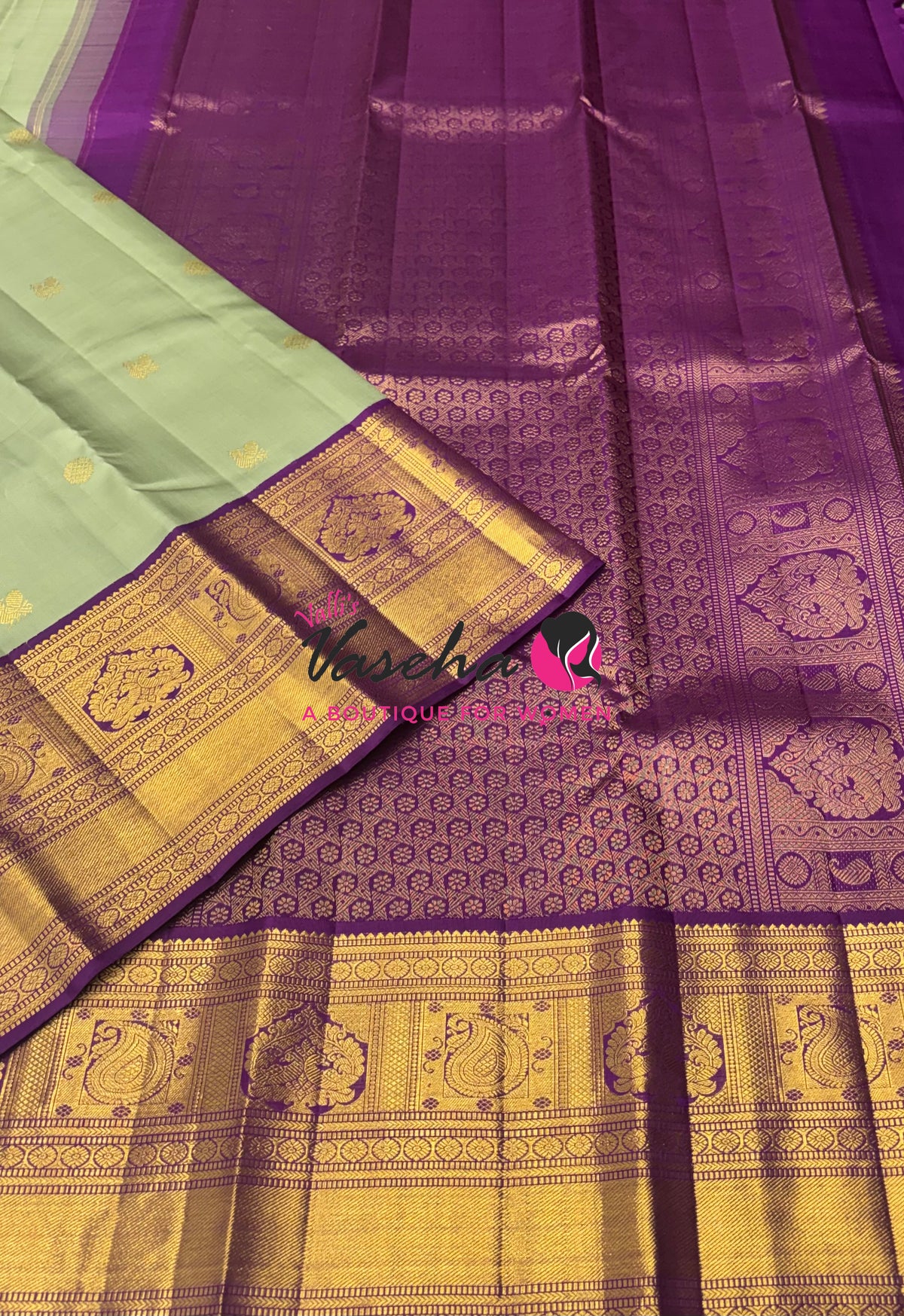 Pure Vintage Korvai Kanchipuram Silk Saree - Pastel Green With Purple - VVPS062