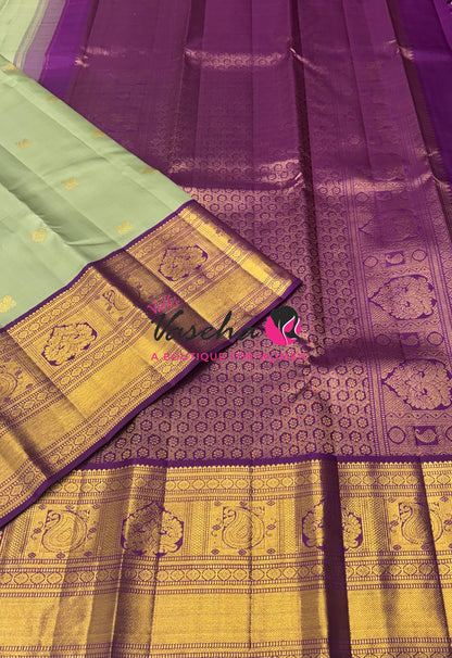 Pure Vintage Korvai Kanchipuram Silk Saree - Pastel Green With Purple - VVPS062