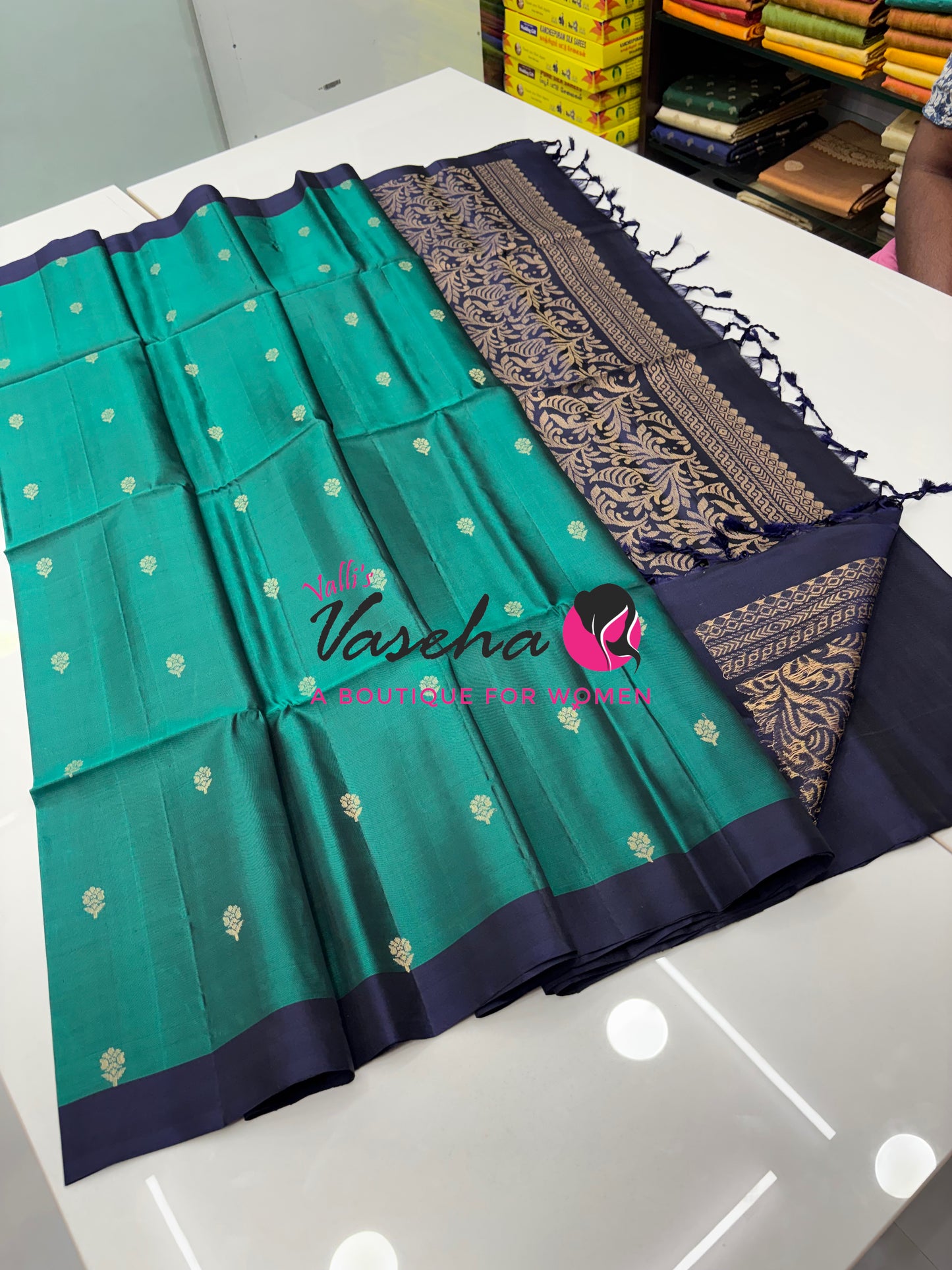 Half Mixed  Soft Silk Saree - Green & Navy Blue - VVPSS073