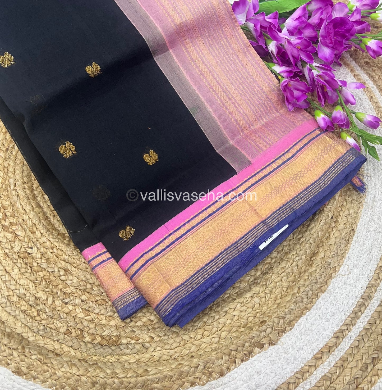 Pure Korvai Silk Cotton Saree - Black with Pink - VVKSC004