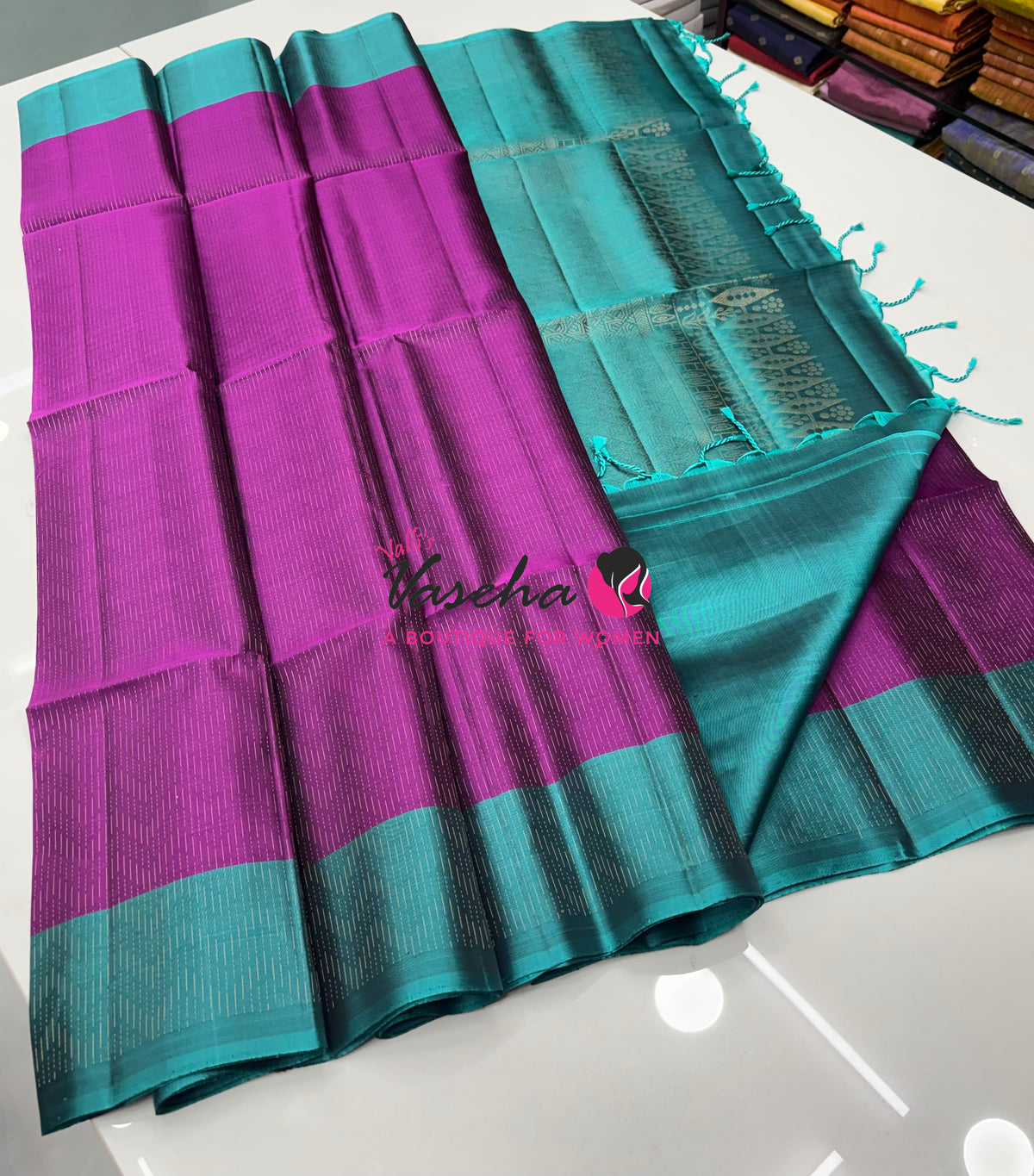 Pure Soft Silk Saree  - Vairavoosi Pattern - Purplish Pink With Blue - VVPSS095
