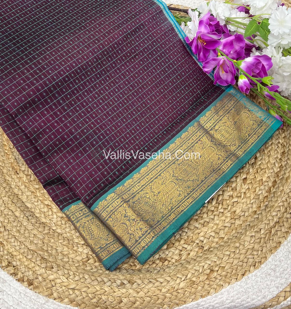 Pure Silk Cotton Saree - Maroonish Brown With Blue Shade - Lakshadeepam Design - VVPLD001