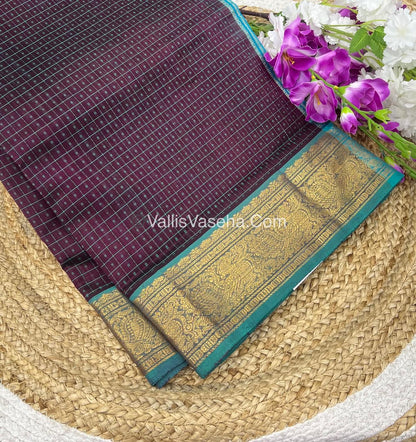 Pure Silk Cotton Saree - Maroonish Brown With Blue Shade - Lakshadeepam Design - VVPLD001