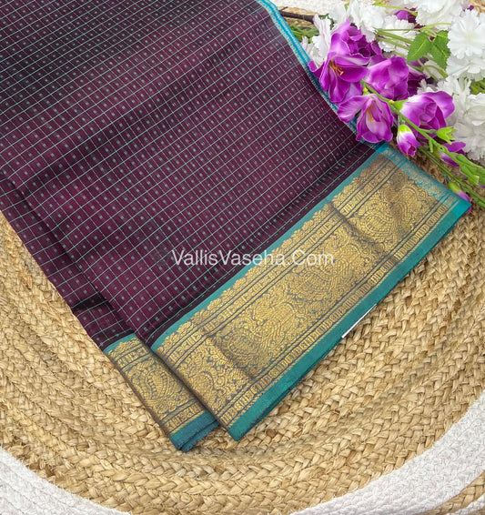 Pure Silk Cotton Saree - Maroonish Brown With Blue Shade - Lakshadeepam Design - VVPLD001