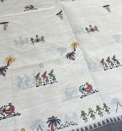 Semi Tussar Embroidery - Cream with Greyish Black Combo - VVSTE001
