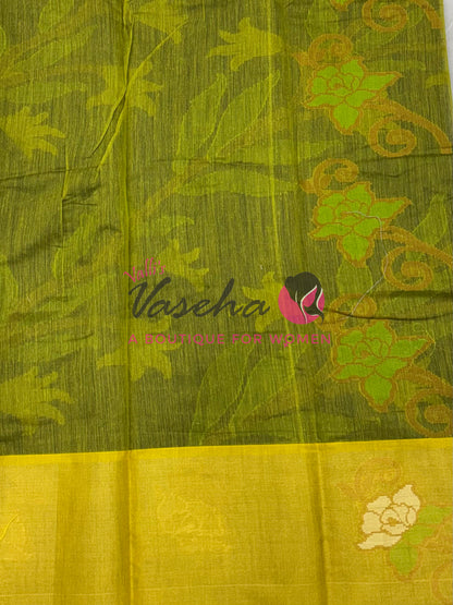 Banarasi Pochampally Weaving Semi Soft Cotton Saree - Blue with Lemon green - VVBPS001