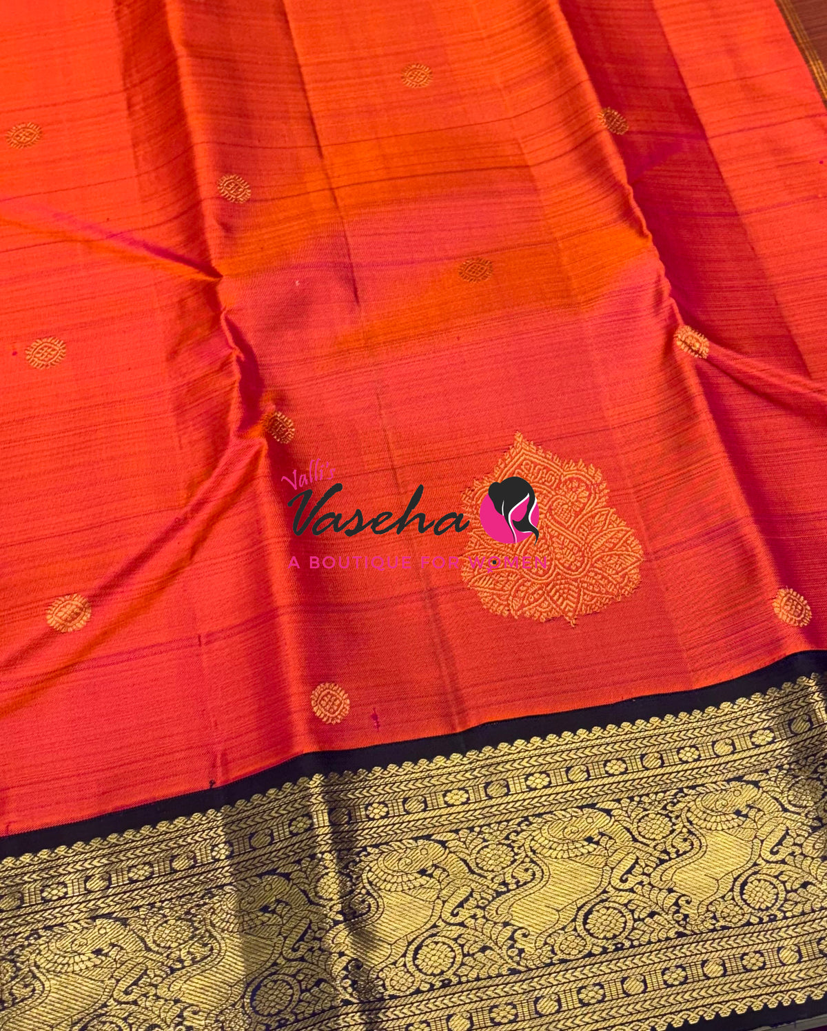 Pure Vintage Korvai Kanchipuram Silk Saree - Orangish Peach With Blue - VVPS102