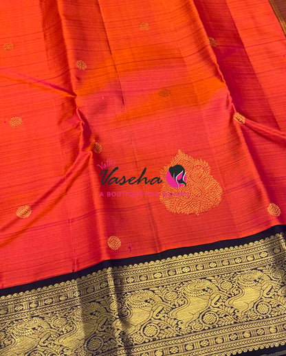 Pure Vintage Korvai Kanchipuram Silk Saree - Orangish Peach With Blue - VVPS102