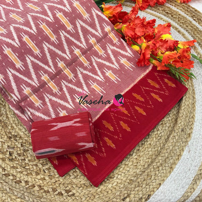 Double Ikkat Pure Cotton Saree -  Blue With Red  - VVIKS002