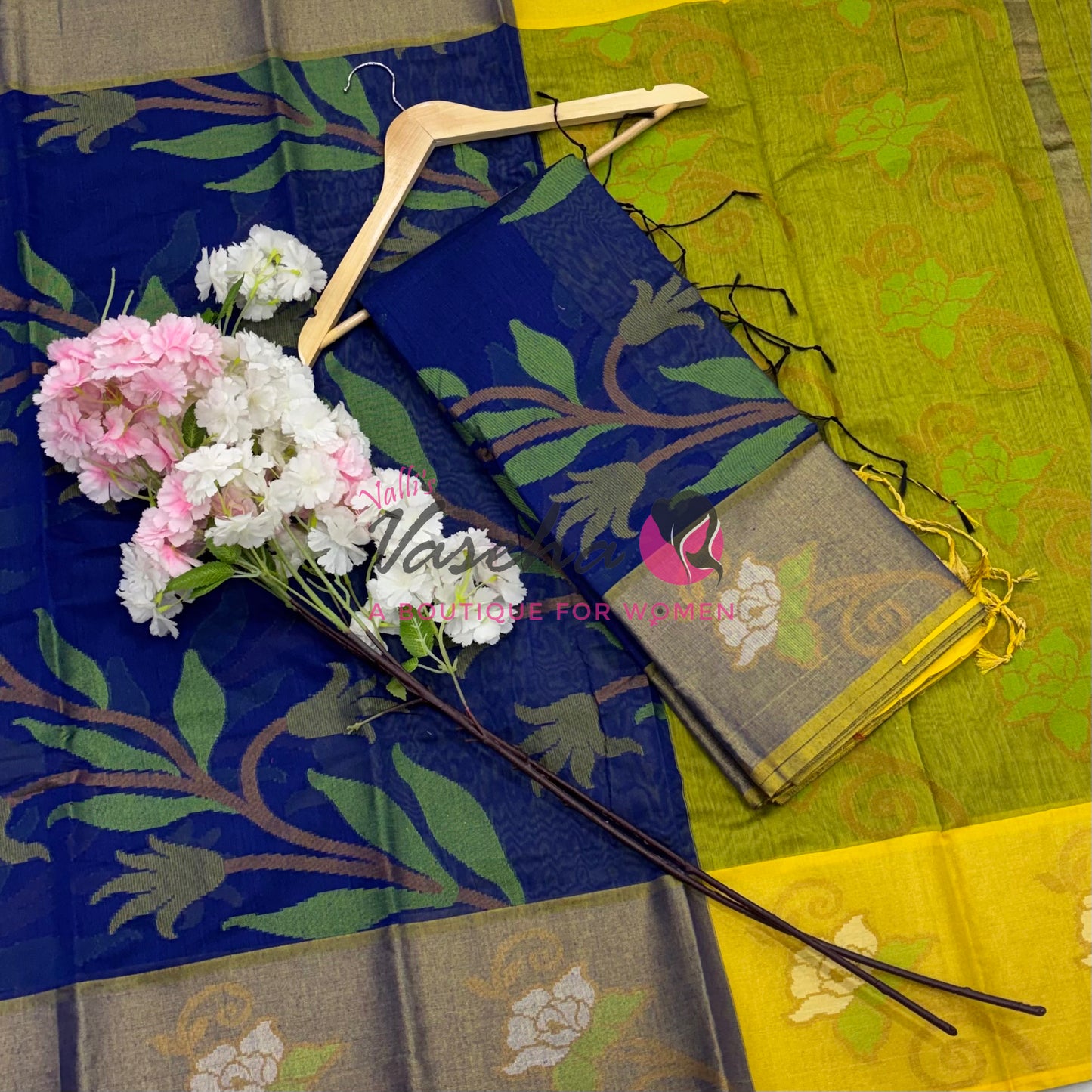 Banarasi Pochampally Weaving Semi Soft Cotton Saree - Blue with Lemon green - VVBPS001