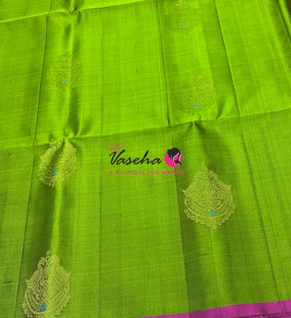 Pure Soft Silk Saree  - Green With Pink - VVPSS093