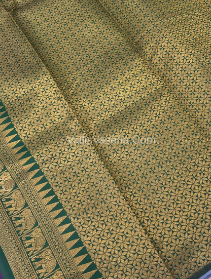 Semi Silk Saree - Kanchi Silk Style - Elephant Border - Ice Blue with Green - VVSSS005