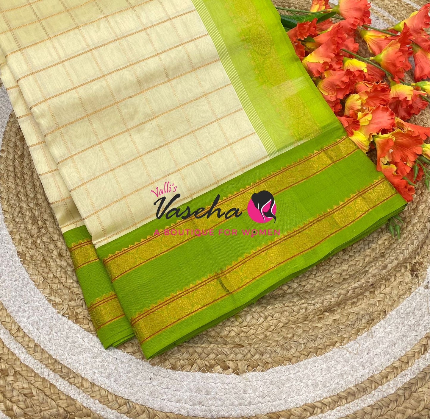 Pure Korvai Silk Cotton With Retta Petta Border - Checks pattern - Cream & Green- VVKSC013