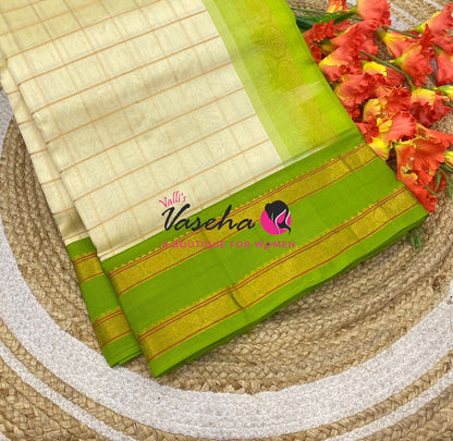 Pure Korvai Silk Cotton With Retta Petta Border - Checks pattern - Cream & Green- VVKSC013