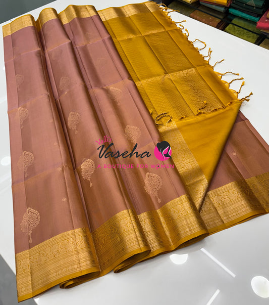 Pure Soft Silk Saree - Light Peach With Yellow - Velum & Mayilum - Kanchi Border - VVPSS015
