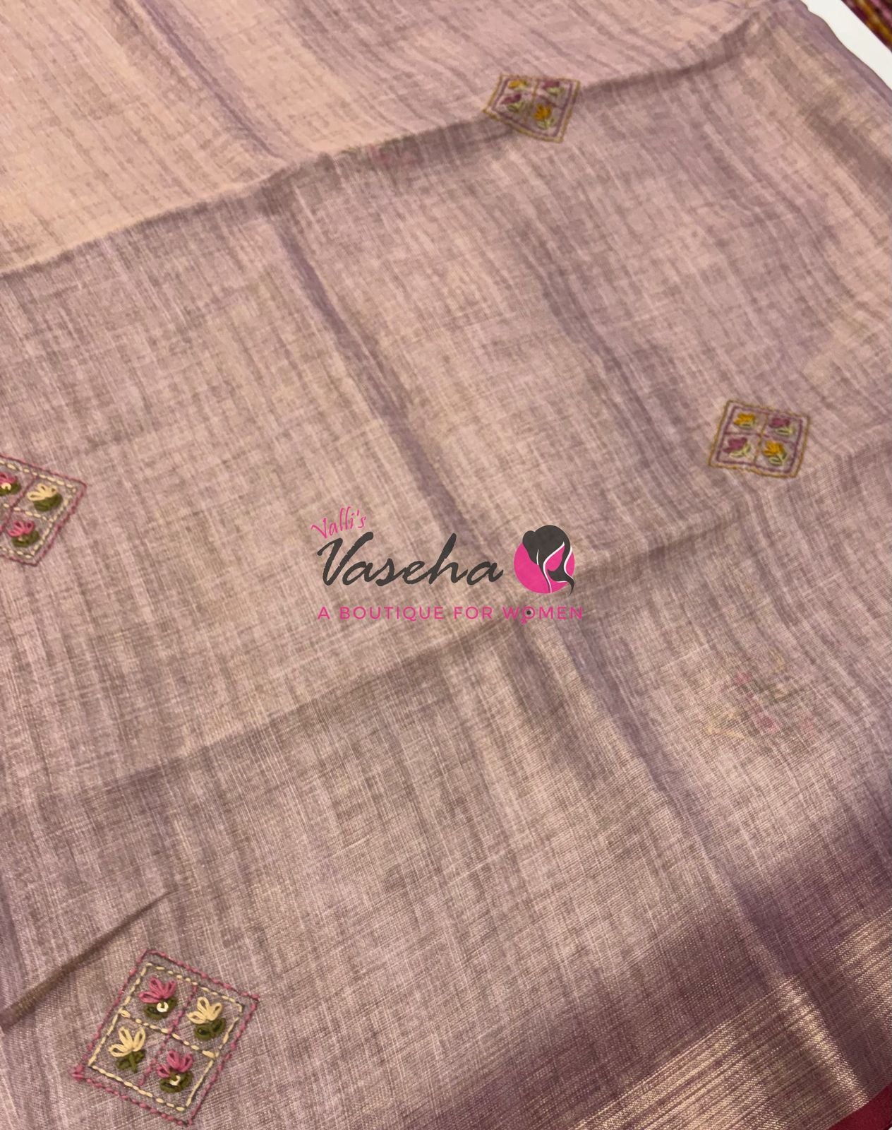 French Knot - Linen Tissue Saree - Light Lavendar Pink Shade - Heavy Work Blouse - VVLFN016