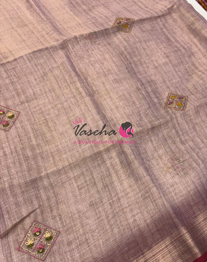 French Knot - Linen Tissue Saree - Light Lavendar Pink Shade - Heavy Work Blouse - VVLFN016