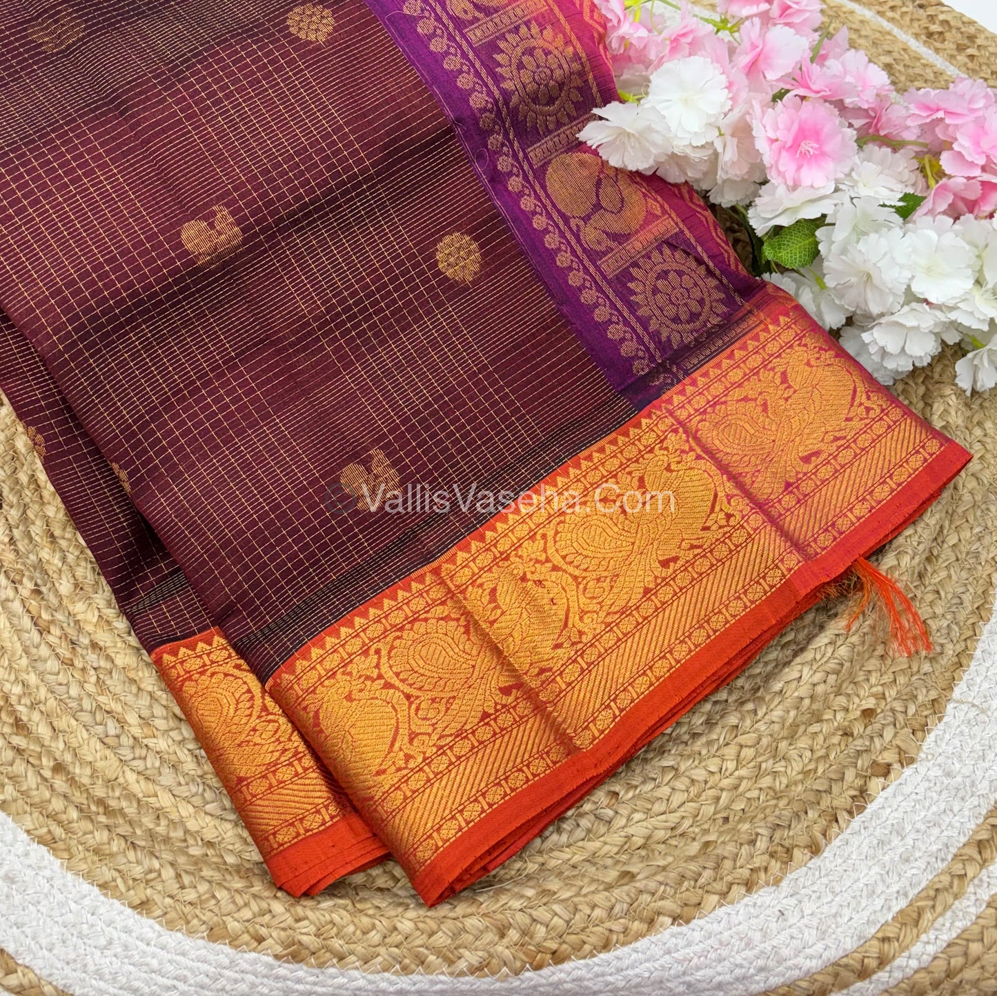 Pure Silk Cotton Saree - Vairavoosi checks - Mayil & Chakkaram - Maroon With Peach - VVMCV001