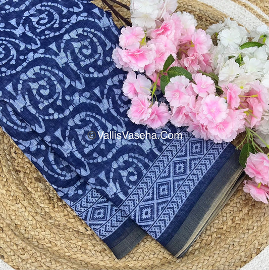 Linen Mixed Cotton Saree - Indigo Blue - Printed - VVLMP001