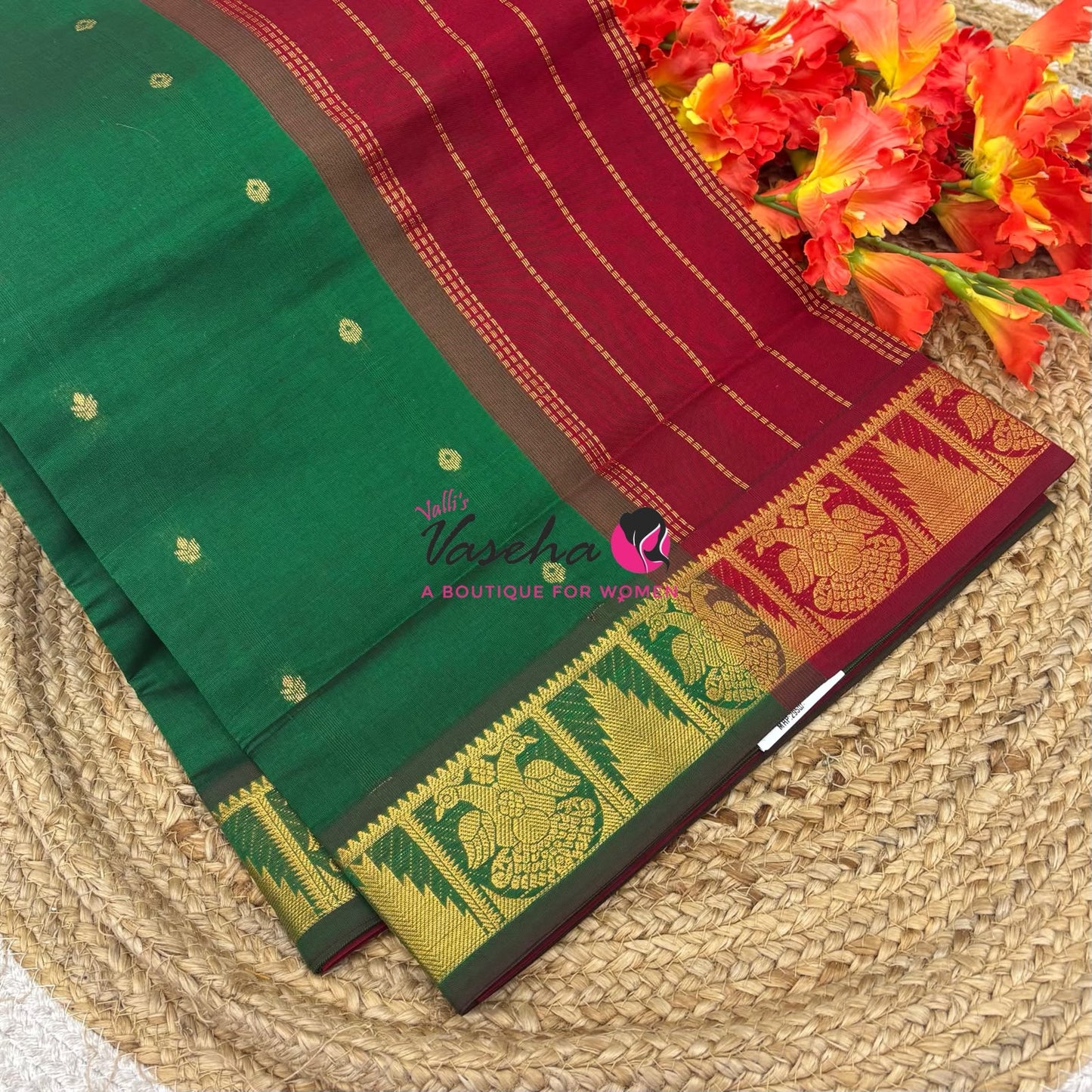 Semi Silk Cotton Saree - Small Zari Butta  - Retta Mayil Border- VVSSC015